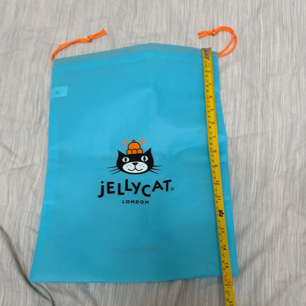 Jellycat Turquoise Cat Travel Bag with Orange Drawstrings